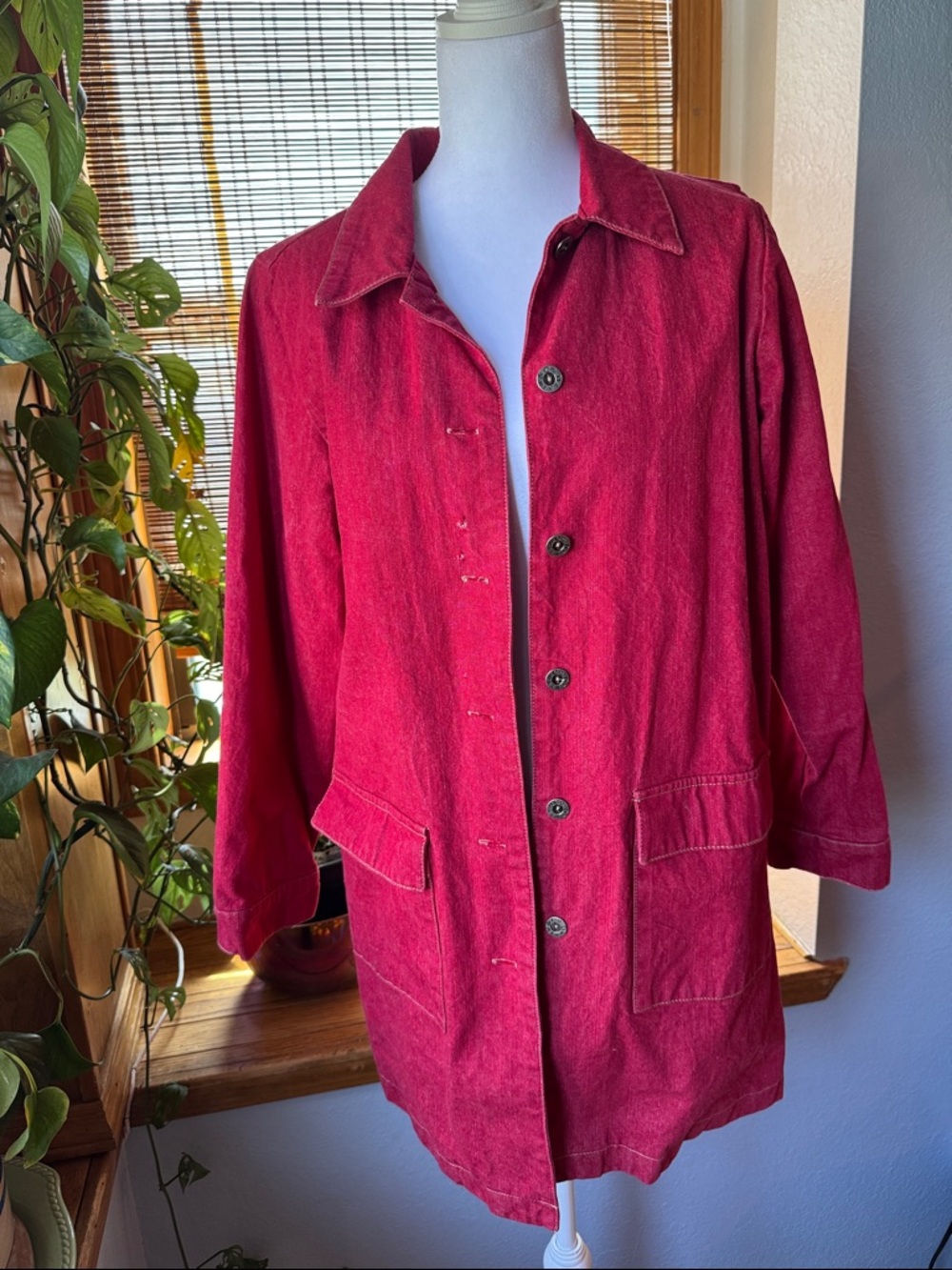 ❤️Denim & Co. Red Cotton Denim Barn Jacket with Gingham Lining - Size Small